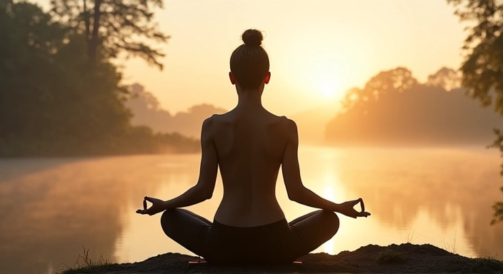 Osoba medytująca w spokojnym otoczeniu, symbolizująca równowagę między ciałem a umysłem.